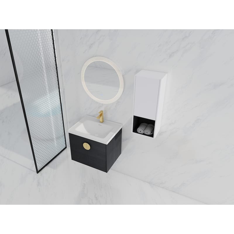 24" Wall-Mounted Bathroom Vanity With Ceramic Sink and Side Cabinet, Soft Close Doors, Combination Cabinet