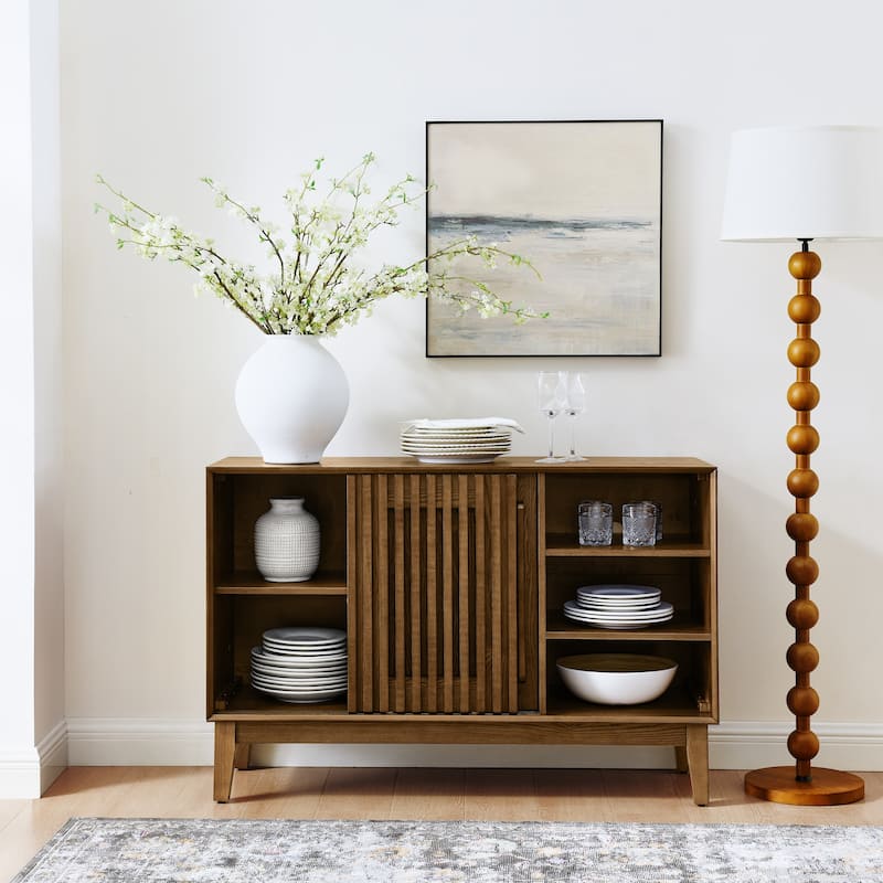 Kitchen Storage Cabinet Coffee Bar Cabinet, Farmhouse Fluted Buffet Sideboard Side Cabinet for Dining Room Living Room - Walnut Brown