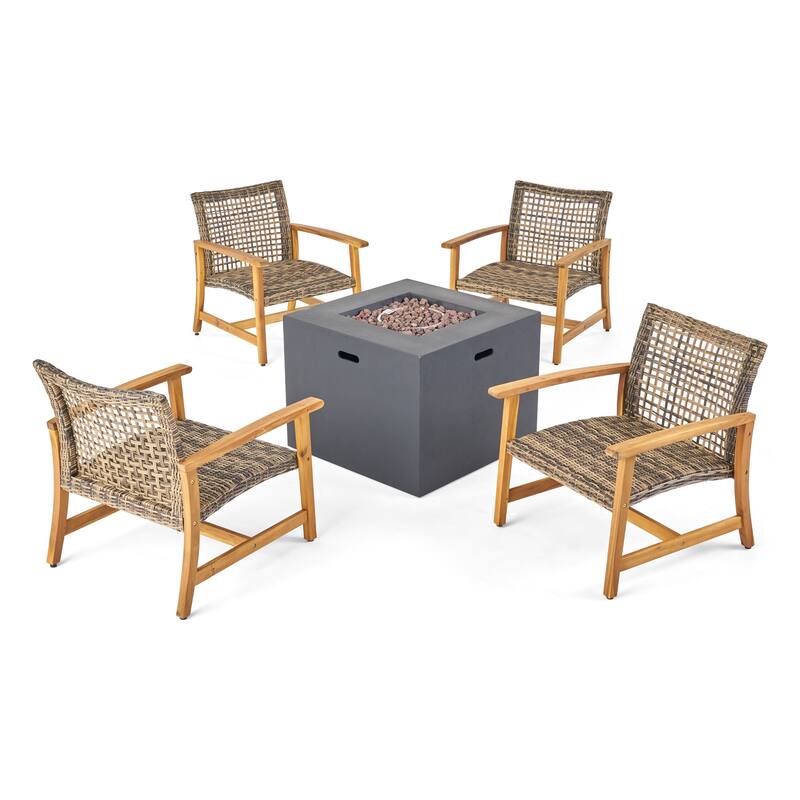 Augusta Outdoor 5 Piece Wood and Wicker Club Chairs and Fire Pit Set by Christopher Knight Home