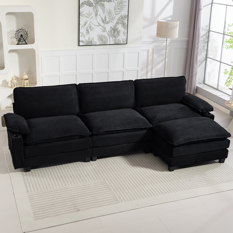 113" L Shaped Sectional Sofa, Deep Seat Cloud Couch with Ottoman, Oversized Corduroy Couch with Cup Holders, Storage Bags