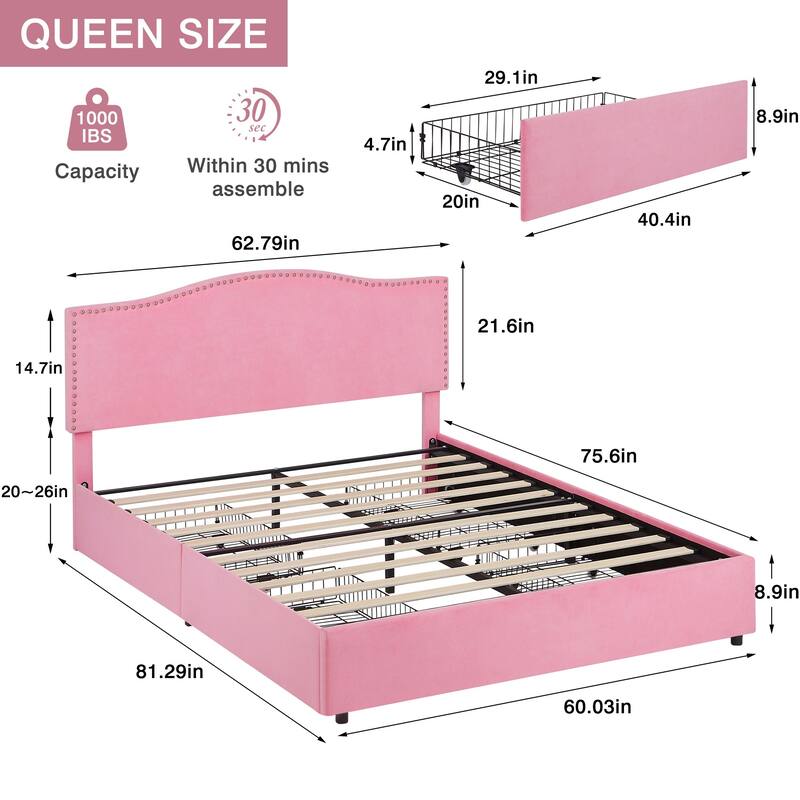 VECELO Upholstered Bed Frame with 4 Storage Drawers Full Queen Heavy Duty Platform with Adjustable Linen Headboard