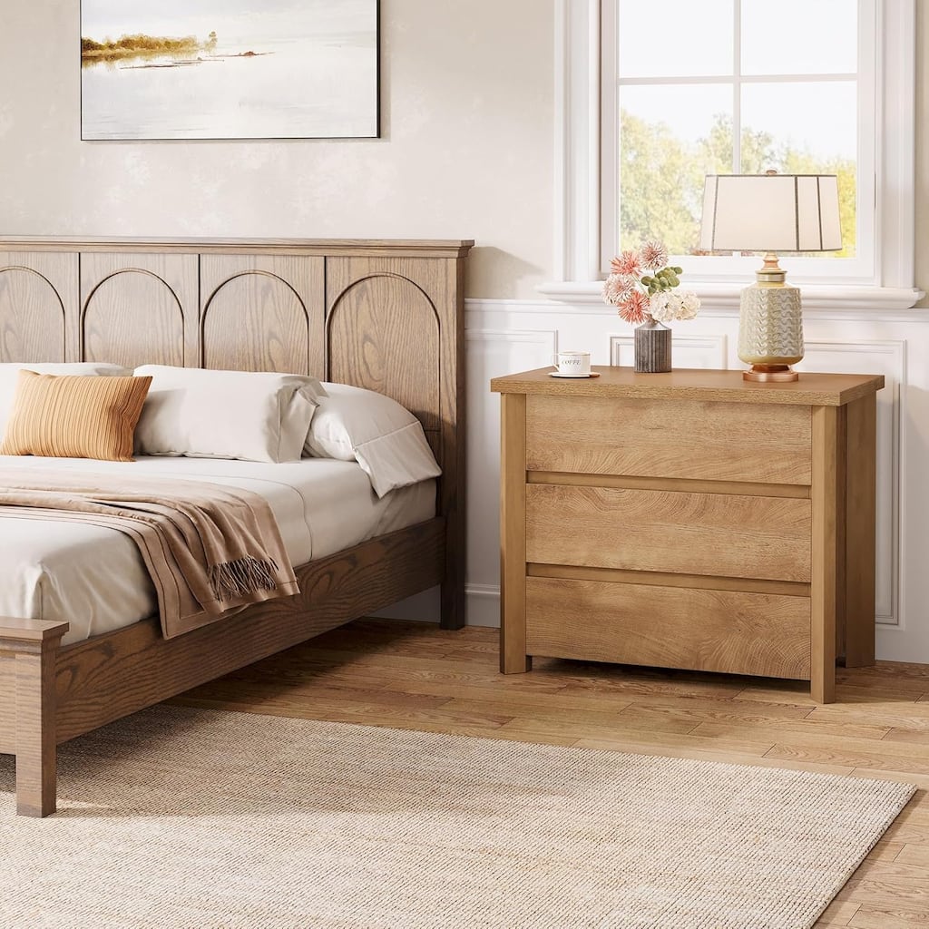 32" Farmhouse Nightstand with 3 Drawers, Large Rustic Brown