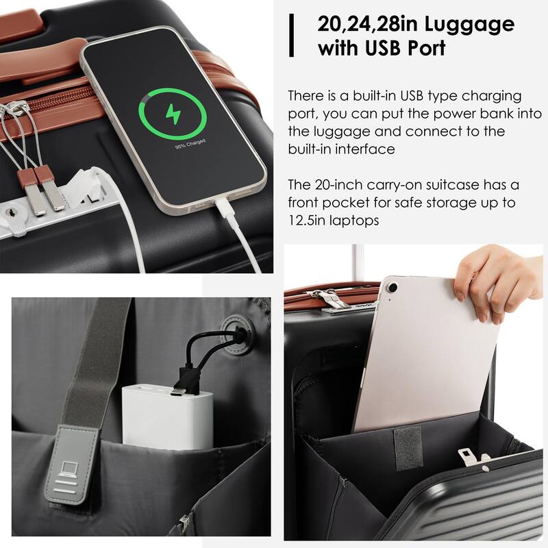 4-Piece Luggage Set with USB Charging Ports - 20in Carry-On (Front-Opening for Laptop) 28in Checked Suitcase with TSA Lock