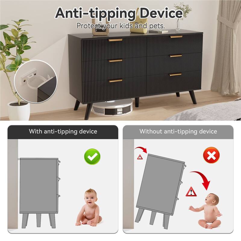 Gymojoy Fluted 6 Drawer Dresser with Gold Metal Handles, Modern Chest of Drawers for Living Room, Bedroom, Apartment