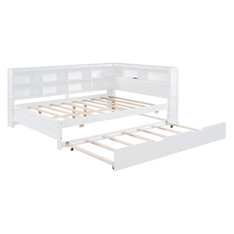 Wooden Full Size DayBed with Twin Size Trundle, USB Charging Ports