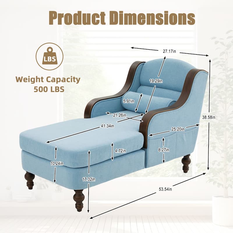 Ergonomic Chaise Lounge Indoor Chenille Single Lazy Sleeper Sofa Bed with Side Pockets, Solid Wood Armrests and Foots