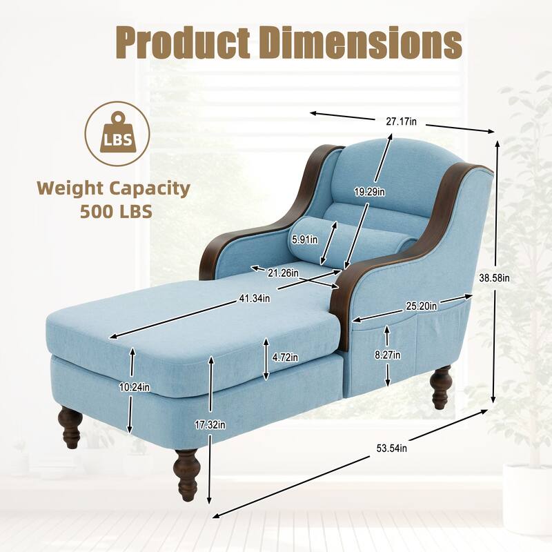 HOMEFUN Chenille Upholstered Wood Frame Oversized Chaise Lounge Single Sofa Bed with Side Pocket for Living Room,Bedroom