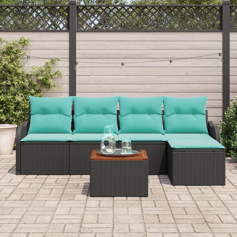 vidaXL 6 Garden Sofa Set with Cushions Black Poly Rattan - 90.9 x 24.4 x 27.2