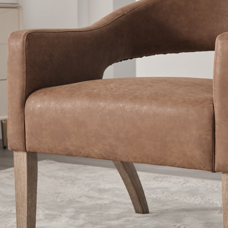 Modern Upholstered PU Open Back Accent Armchair Barrel Dining Chair with Weathered Rubberwood Legs, Hollow-Out Side Club Chair
