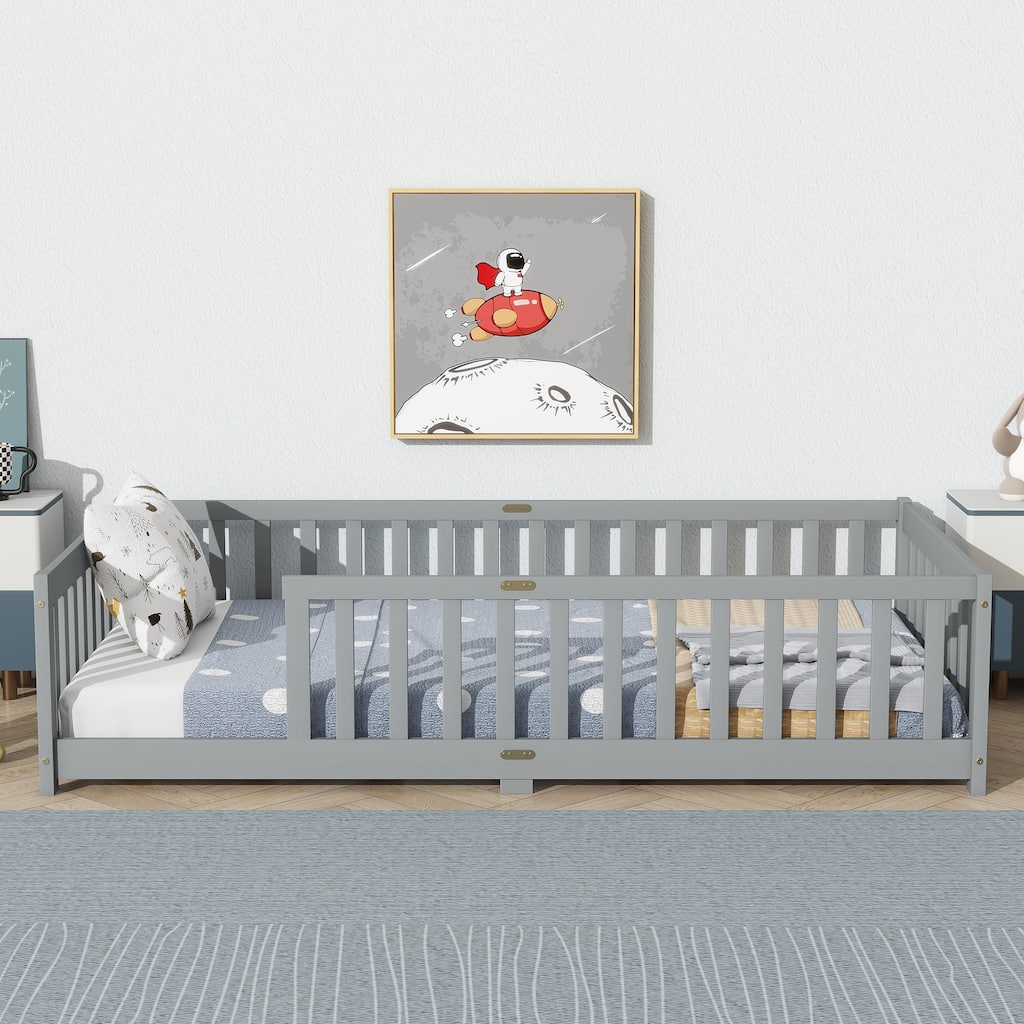 Rubber Wood Twin Size Floor Bed with Fence without Door