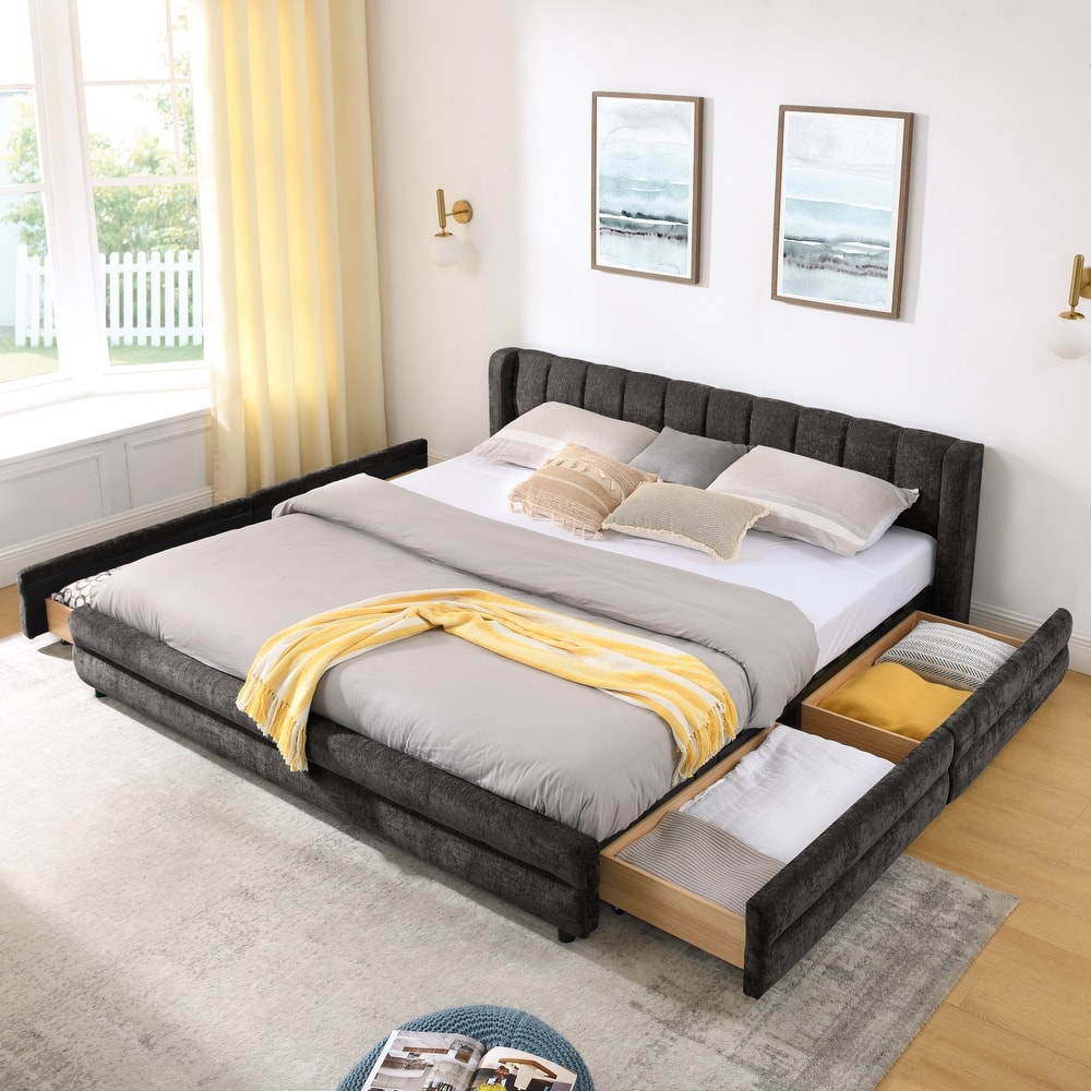 Thick Fabric Upholstered Bed Frame, Low Profile Storage Platform Bed with 4 Storage Drawers, Metal Legs and Wood Slat Support