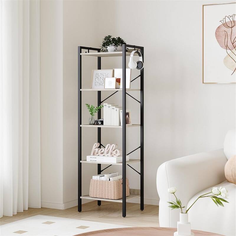 Book Shelf Industrial Bookcase with 2 Hooks - 9.45"D x 15.75"W x 63"H