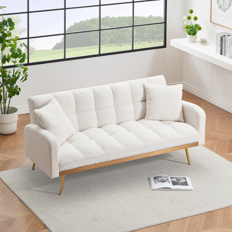 69 Inch Adjustable Teddy Sofa Bed in Beige for Small Spaces