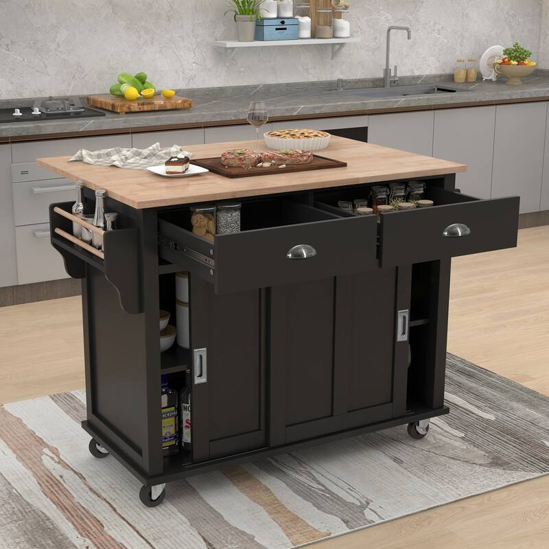 Rolling Kitchen Island with Drop-Leaf Countertop, Adjustable Shelves, 2 Drawers & Sliding Barn Door - Mint Green