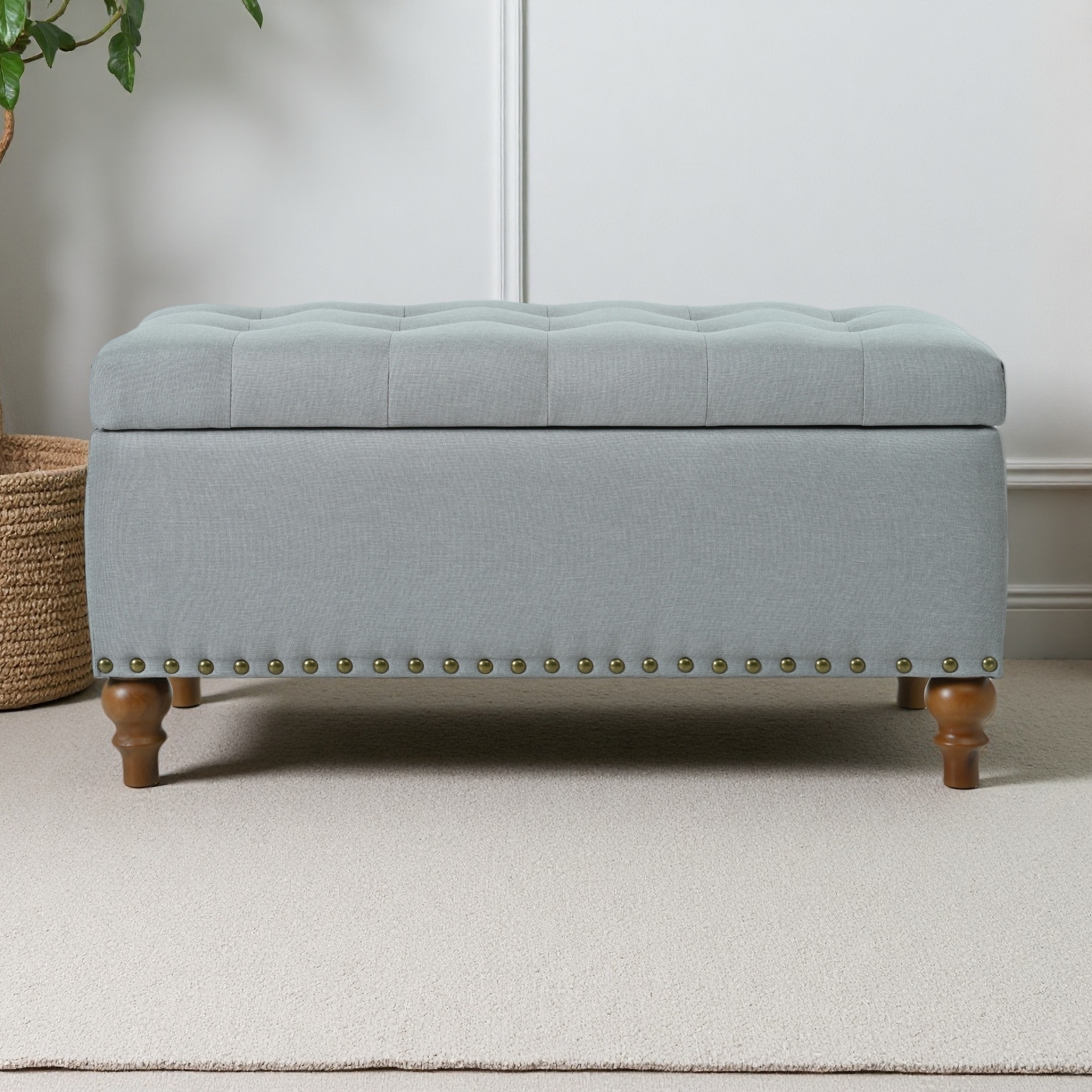 36.6" Linen Ottoman Storage Bench with Rivet Trim, Recessed Support Hinge, Easy Open Lid, Bedroom, Living Room, Entrance