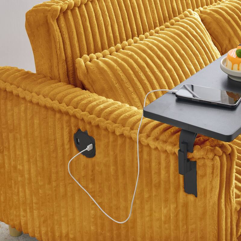 The pull-out and push-in green corduroy sofa with dual functions,equipped with a movable tabletop and USB ports