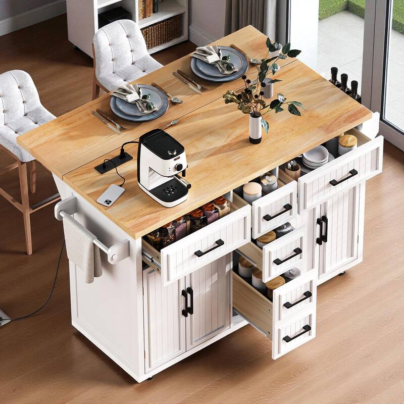 56.5" Farmhouse Kitchen Island with Drop Leaf & Power Outlet, Rolling Cart with 5 Drawers, 4 Doors, Adjustable Shelves & Wheels