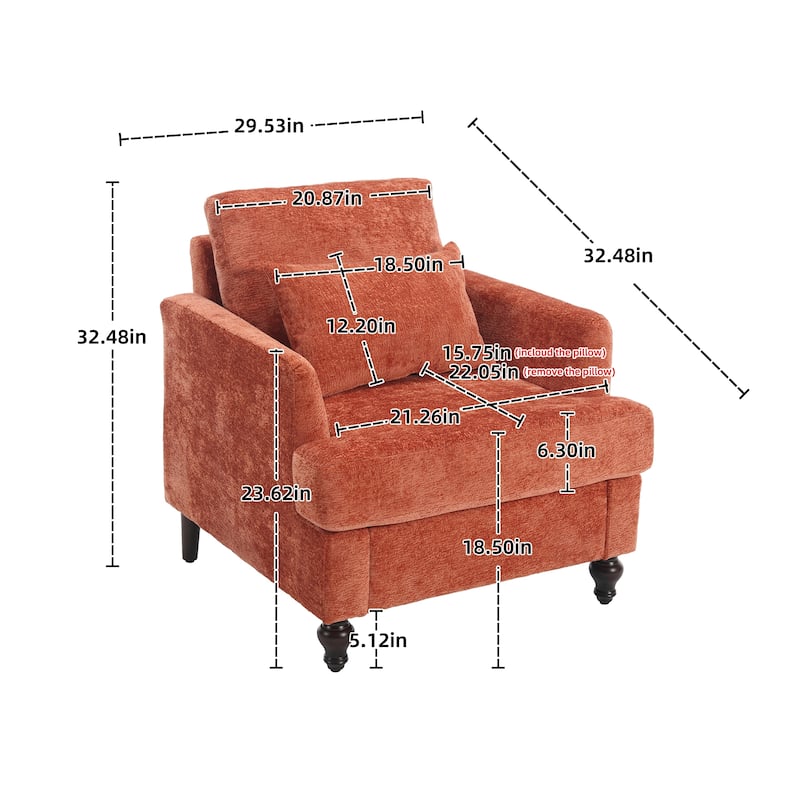 Chenille Fabric Accent Chair, Tufted Upholstered Living Room Chair, Lounge Armchair with Solid Wood Frame & Pillows