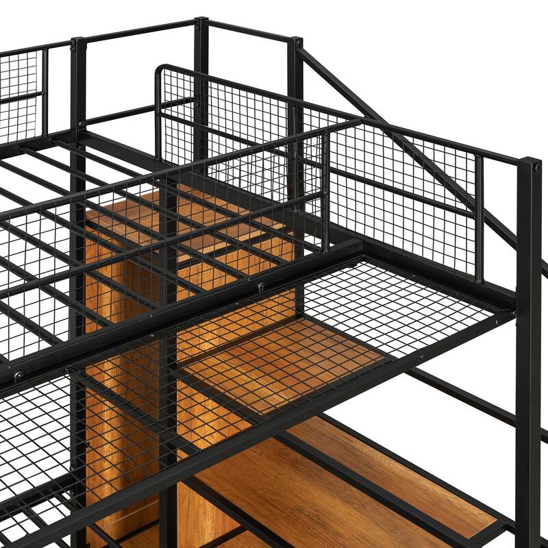Twin Over Full Metal Bunk Bed with Wire Shelving and Lateral Storage Ladder and Wardrobe, Black