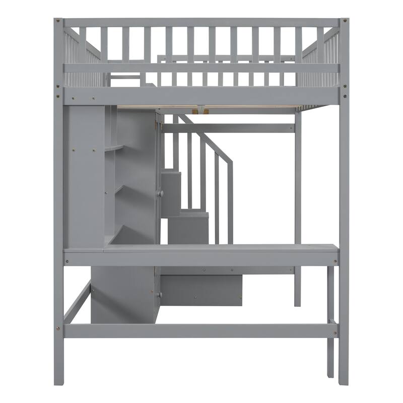 Full Size Loft Bed with Built-in Bookshelf, Drawers, Desk and Wardrobe in Gray