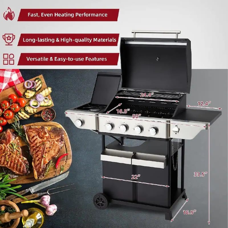 EROMMY Outdoor Propane Gas Grill - 58,000 BTUs Stainless Steel Patio Barbecue with Burner, Side Table, and Stove,Black - N/A