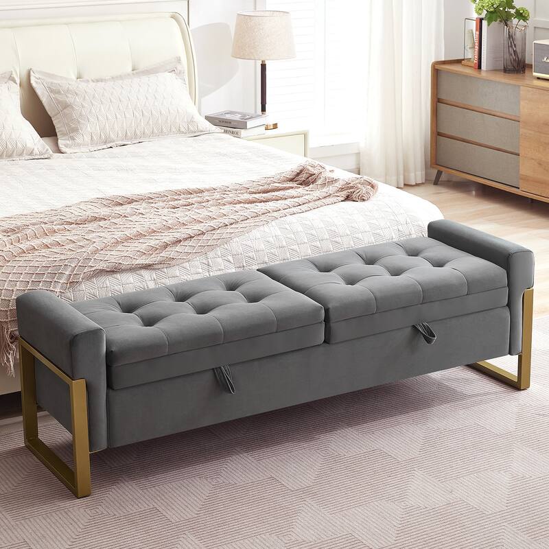 66" Storage Bench King Size End of Bed with Double Lids and Gold Legs - Dark Grey - Velvet