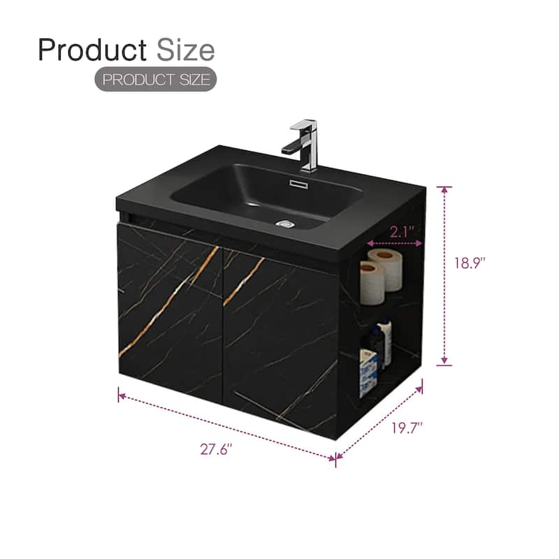 Light Luxury 27.6 in. Single Bathroom Vanity, Stone Countertop Wall Mounted Black Countertop Sink Connected Bathroom Vanity