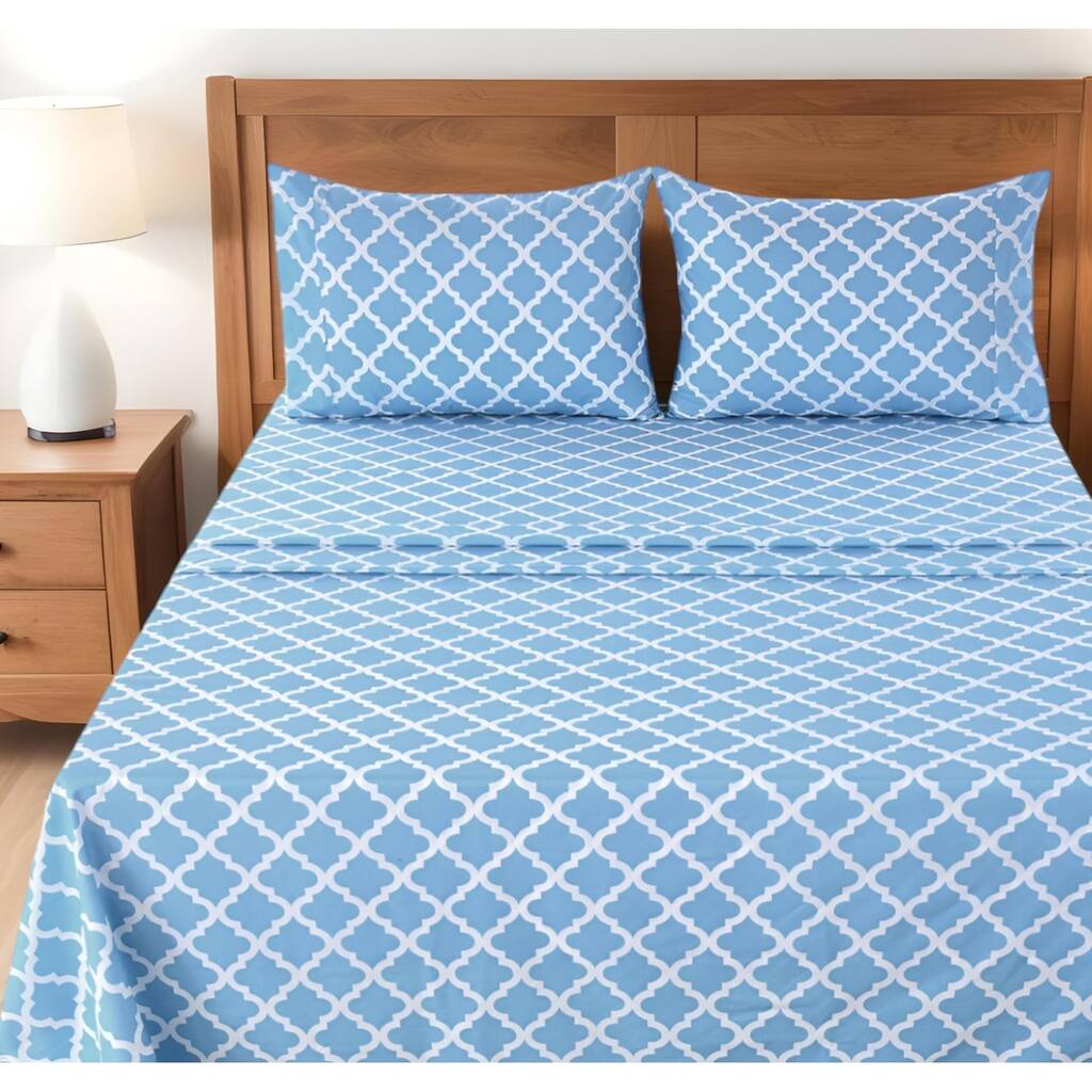 Four Piece Blue and White Quatrefoil Microfiber Full Double Sheet Set
