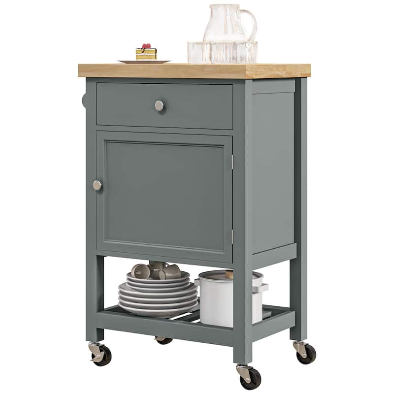 Utility Kitchen Cart on Wheels with Smooth Rubberwood Top and Drawer