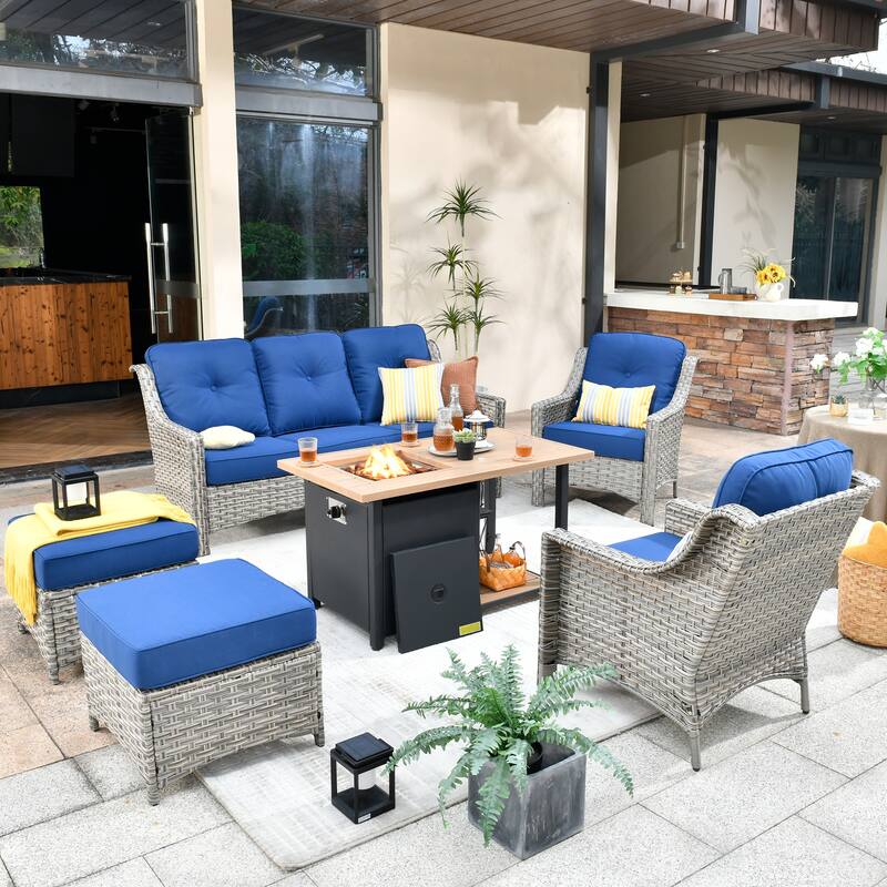 HOOOWOOO 6-piece Wicker Patio Furniture Set with Fire Pit Table