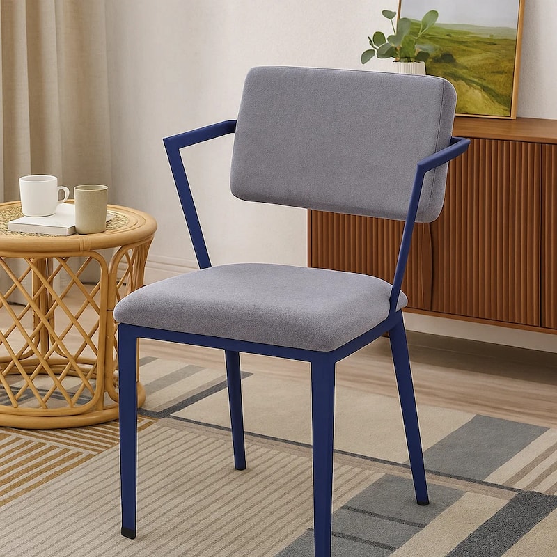 Fabric Upholstered Metal Base Chair with Flared Armrest, Blue and Gray
