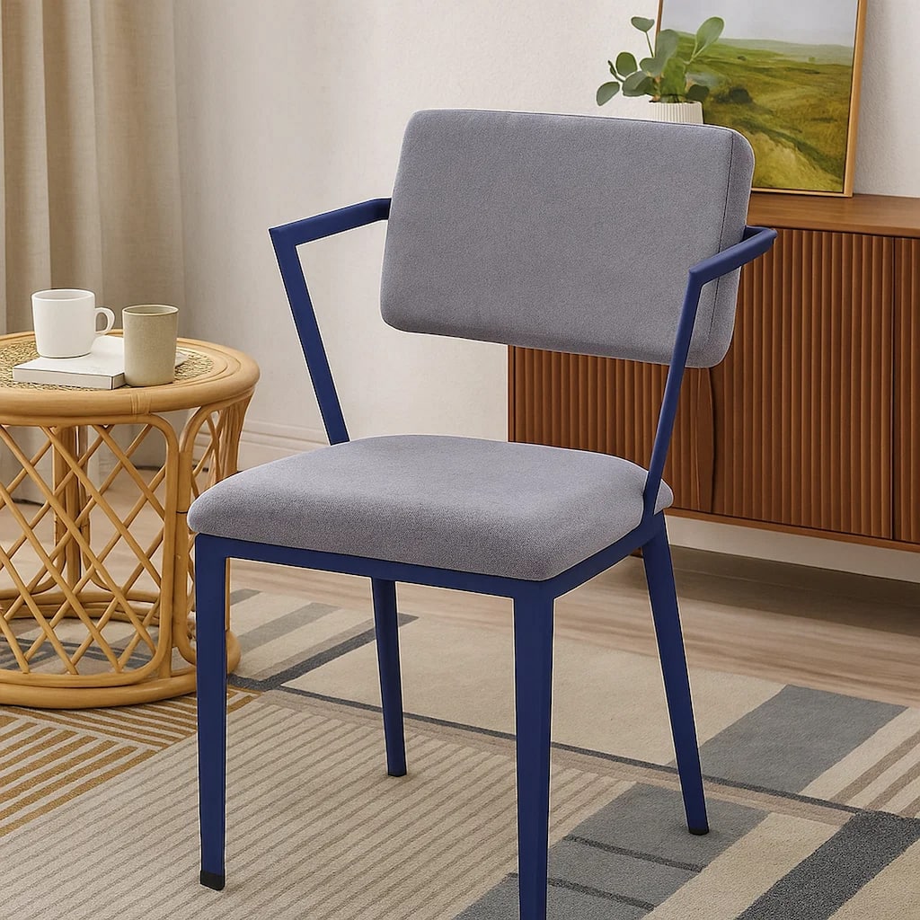 Fabric Upholstered Metal Base Chair with Flared Armrest, Blue and Gray