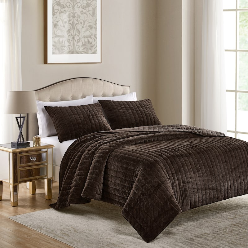 Beaute Solid Faux Fur Quilted Comforter Set,3-piece Reversible lightweight Shaggy Blanket Coverlet Bedding Set