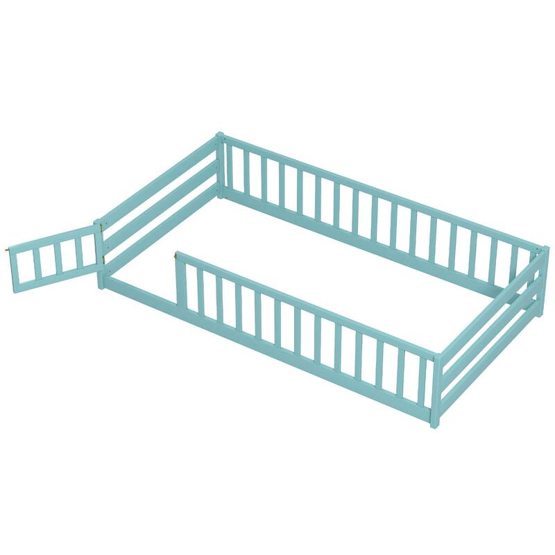 Costway Twin Size Floor Bed with Door & Fence with Safety Guardrails &
