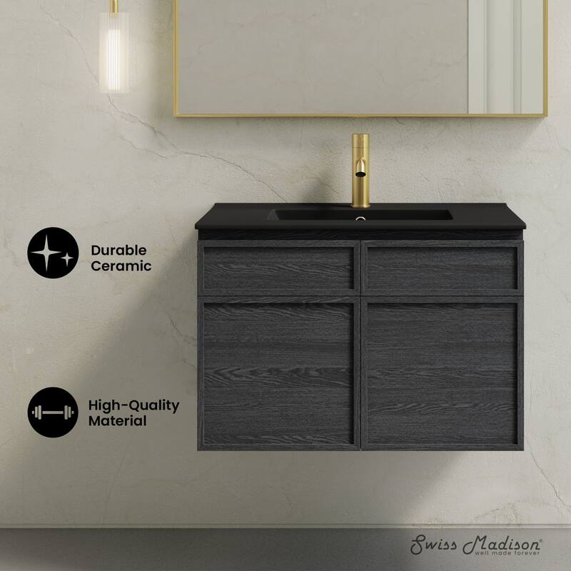 St. Tropez 30" Wall-Mounted Bathroom Vanity In Black Oak With Black Sink Top - 30