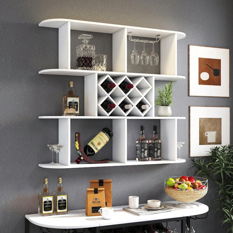 Cusp Barn Farmhouse Wooden Wall Mounted 3 Tier Bottle Wine Rack, Storage Rack with Wine Glass Holder for Home Bar Dining Room