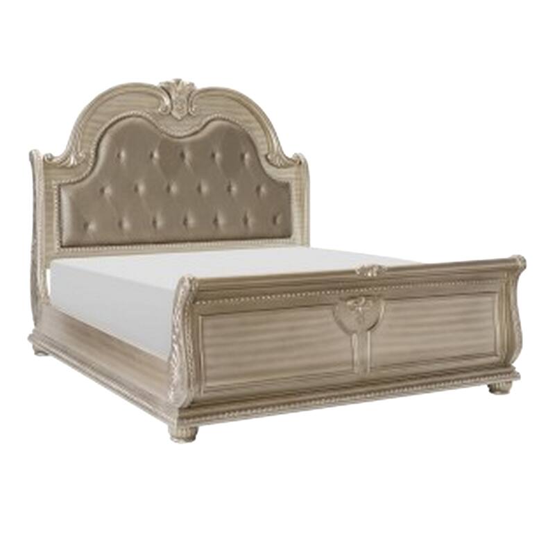 Caitlin Four Pc Queen Bedroom Set, Tufted Faux Leather Headboard, Marble Tops, Silver