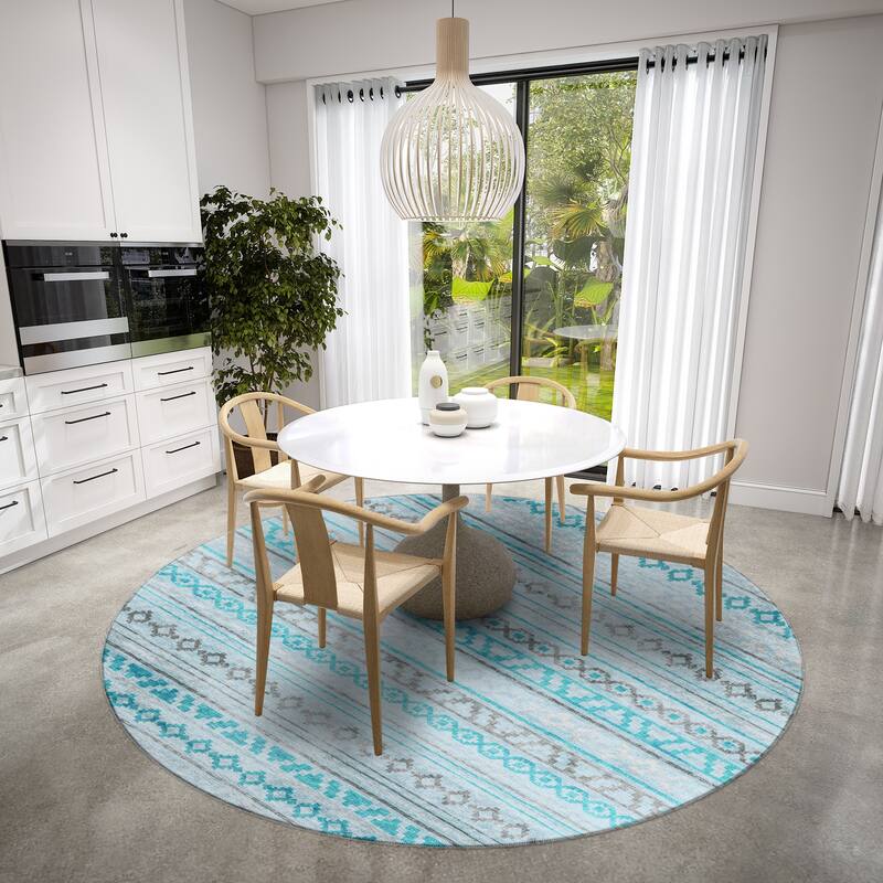 Indoor/ Outdoor Addison Yuma Southwest Striped Washable Area Rug - 8' x 8' - Turquoise