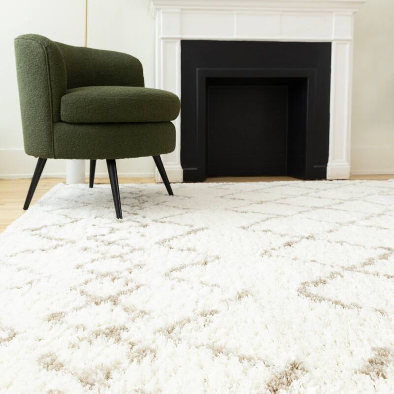 Modern Geometric Soft Shag Rug in Cream Beige