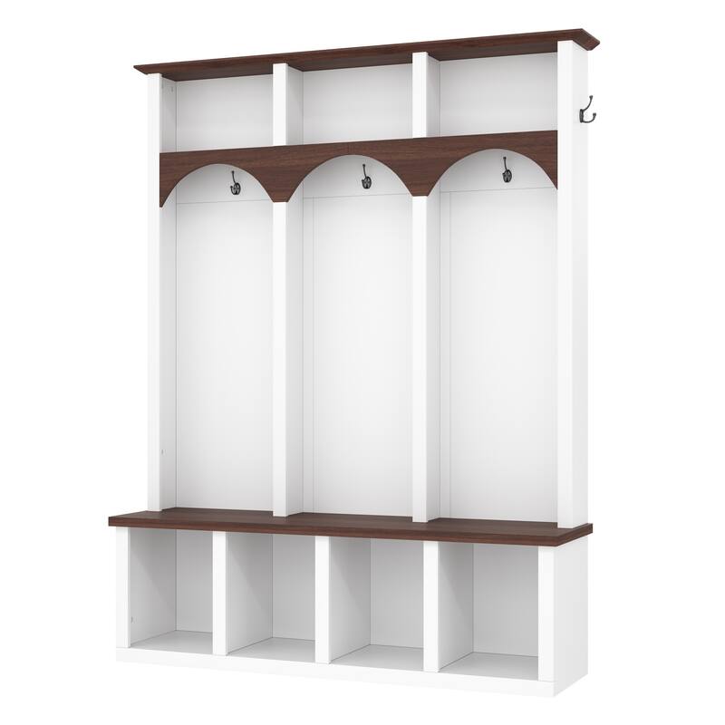 4-in-1Farmhouse Arched Design Hall Tree, Wooden Practical Entryway Walnut Storage Bench with 5 Black Hooks, 7 Cubbies