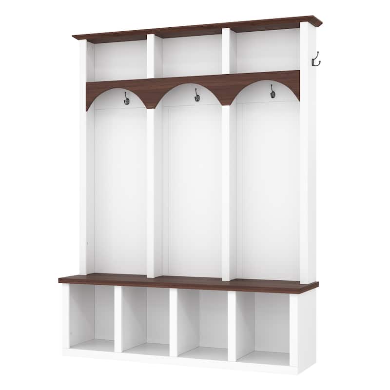 Farmhouse Hall Tree with Storage Bench & Shoe Cabinet, Arched Entryway Organizer with 5 Hooks and 7 Cubbies, Walnut Finish