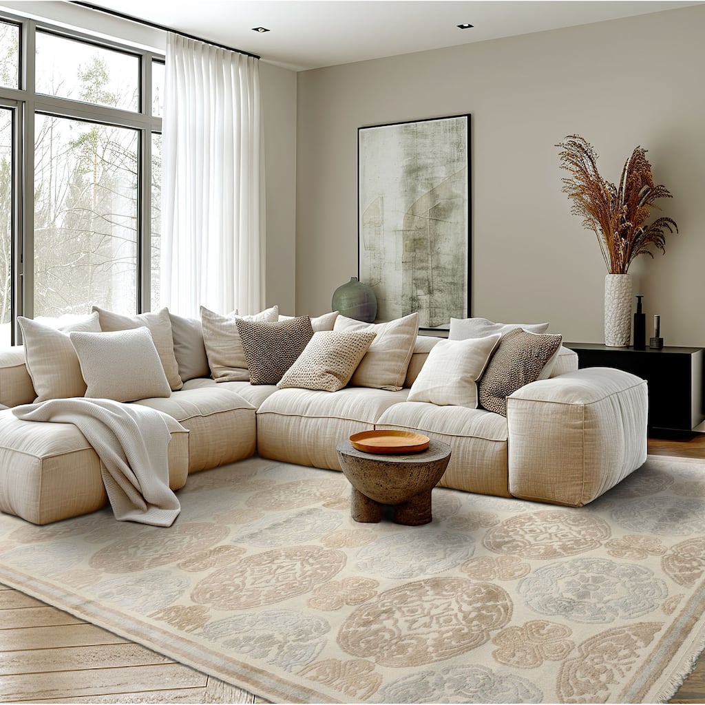 6'x9'4" Ivory Wool Transitional Medallion Hand Knotted Oriental Rug - 6' x 9' 4''