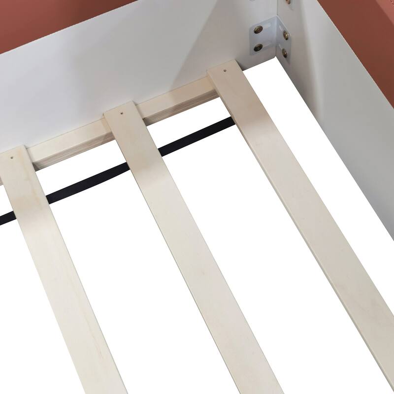 Roomfitters Twin/Full/Queen/King Size Upholstered Daybed Frame with Safety Fence and Stairs, PU Fabric Platform Bed with Slats