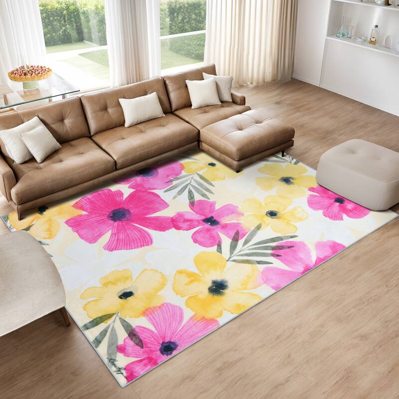 Tropical Posies, Hand Washable Flowers Art Area Rug, power-loomed, 100% polyester, 2mm pile, nonslipping back