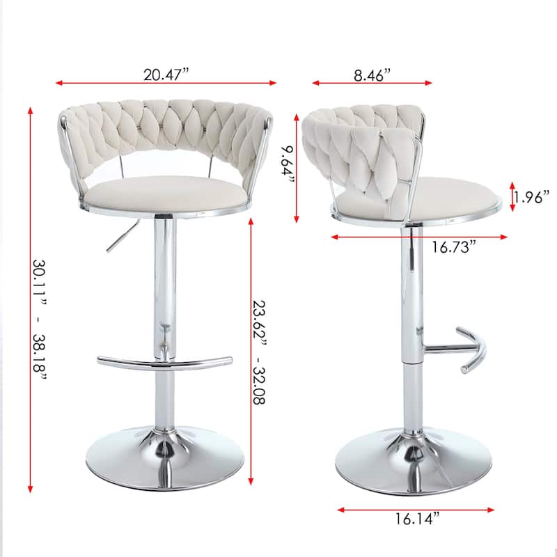 Adjustable Height Velvet Bar Chairs with 360° Swivel, Chrome Legs and Footrest, Contemporary Barstools for Dining or Counter Use