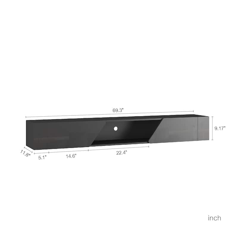 69" Floating TV Stand with 16-Color LED Lights, Wall Mounted Modern Media Console for 55-65 Inch TVs, High Gloss Cabinet