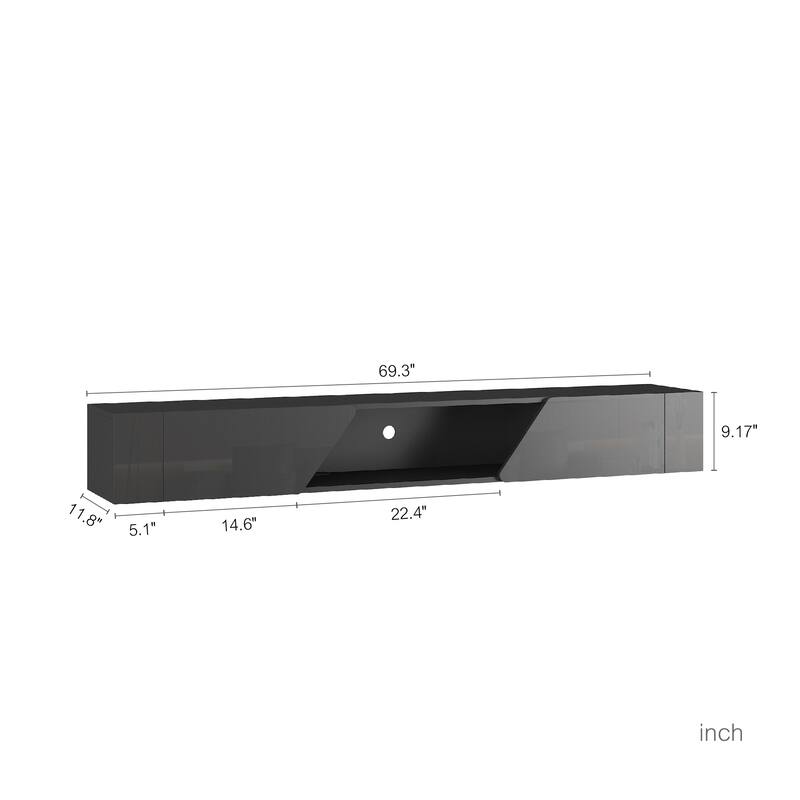 Black Floating TV Stand with 16 Color LED Light, 69" Wall Mounted Television Cabinet TV Console with Power Outlets