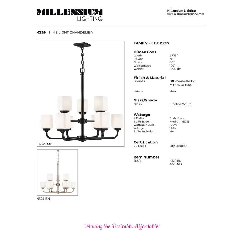 Millennium Lighting Eddison 9 Light Chandelier in Matte Black with Frosted Glass Shades - 30