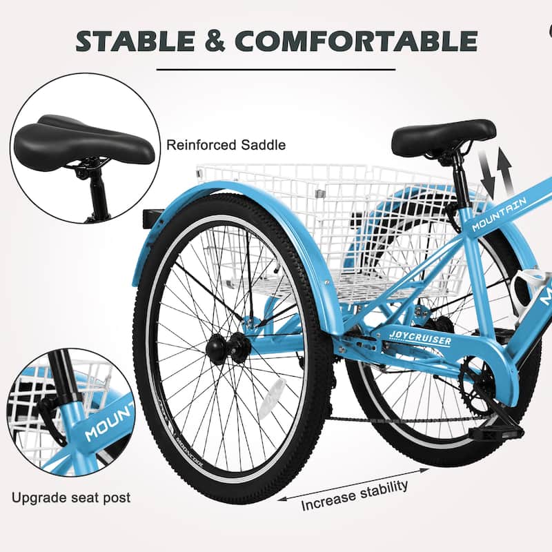DoCred Mountain Tricycle 7 Speed 3 Wheel Bike with Basket