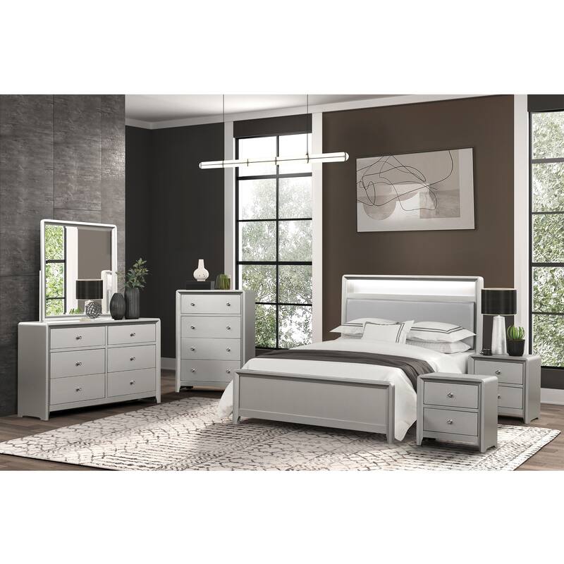 Furniture of America Milandra Modern 6-Piece Champagne Solid Wood Panel Bedroom Set with LED Light - Queen
